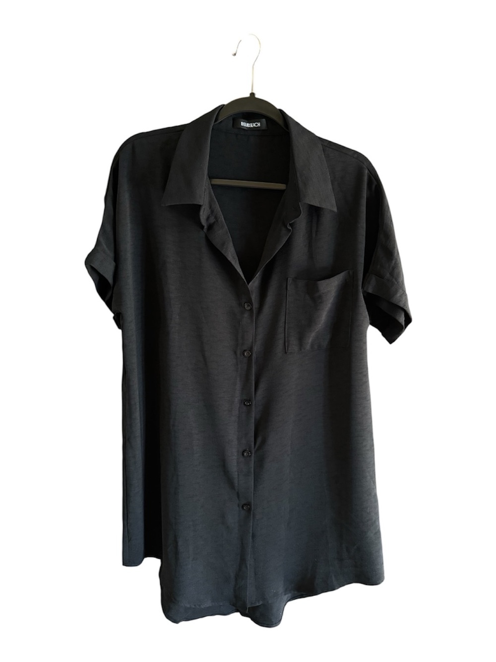 Womens Swim Cover Black Short-Sleeve Button-Up Semi Sheer Shirt Resort Wear